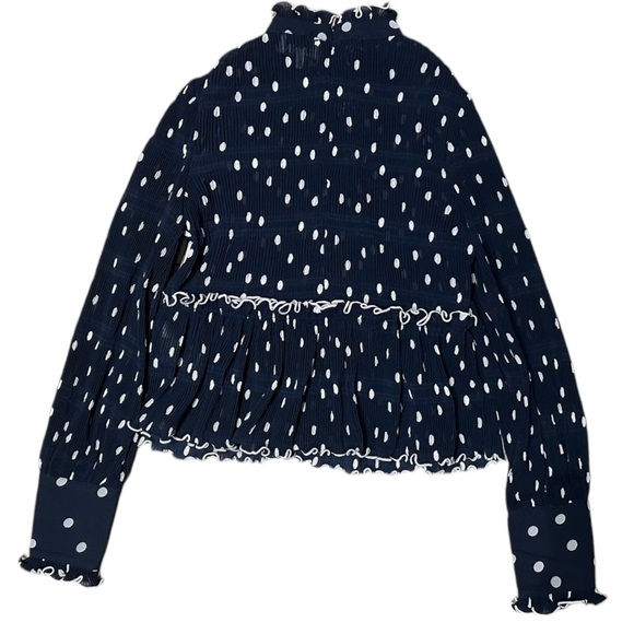 GANNI Pleated Georgette Blouse In Navy Polka Dot Size 34 - Picture 4 of 7
